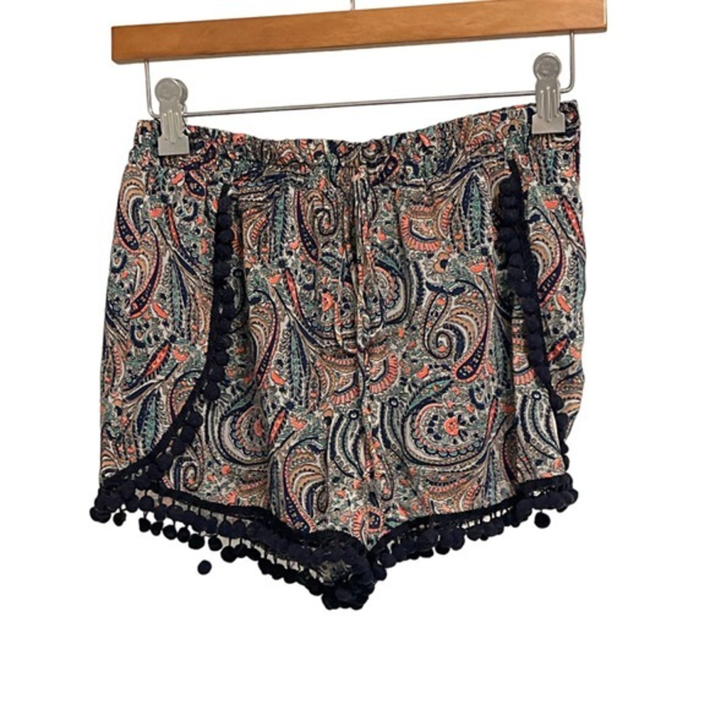 Honey Punch Paisley Pom Pom Trim Boho Shorts Navy Orange Teal Medium